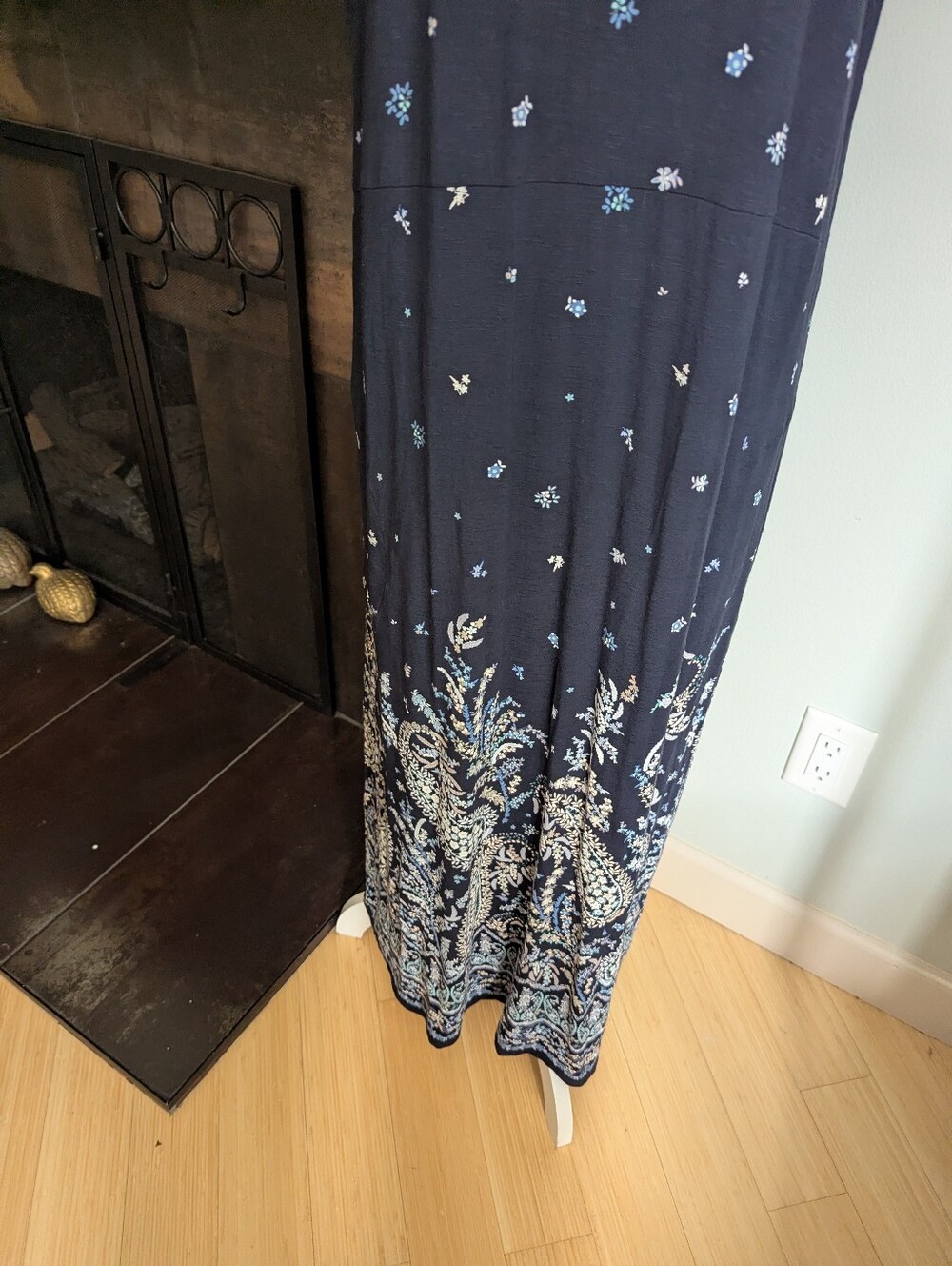 J.Jill Women's Large Paisley Floral Sleeveless Maxi Dress Navy Blue Jersey Knit - Picture 3 of 11
